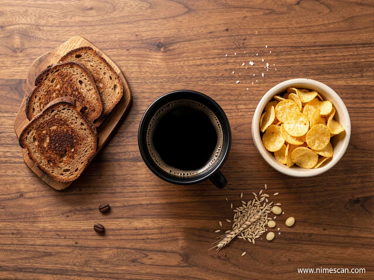 Un flat lay editorial cenital de las tres principales fuentes de acrilamida — una taza de café tostado oscuro, un plato de pan tostado oscuro y un bol de patatas fritas — dispuestos sobre una superficie de madera cálida, ilustrando los productos cotidianos en el centro de la propuesta de límites vinculantes de acrilamida de la UE para finales de 2026