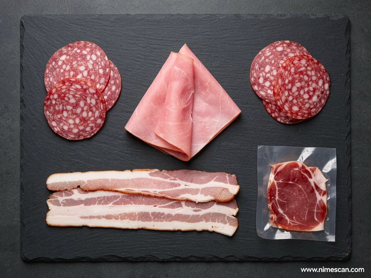 Un flat lay editorial cenital de productos cárnicos curados y procesados comunes — lonchas de bacon, salami, lonchas de jamón cocido y lonchas de carne curada — dispuestos sobre una tabla de pizarra mate, ilustrando las categorías afectadas por el Reglamento (UE) 2023/2108 que recortó los niveles permitidos de nitritos desde octubre de 2025